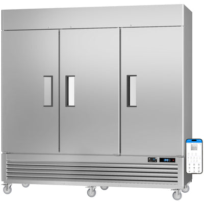 VEECOOL W-MR-83 82" WiFi Enabled Three Section Solid Door Stainless Steel Commercial Refrigerators-72 Cu.ft
