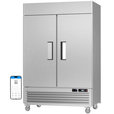 VEECOOL W-MF-49 54.4" WiFi Enabled Two Section Solid Door Stainless Steel Commercial Freezer-49 Cu.ft