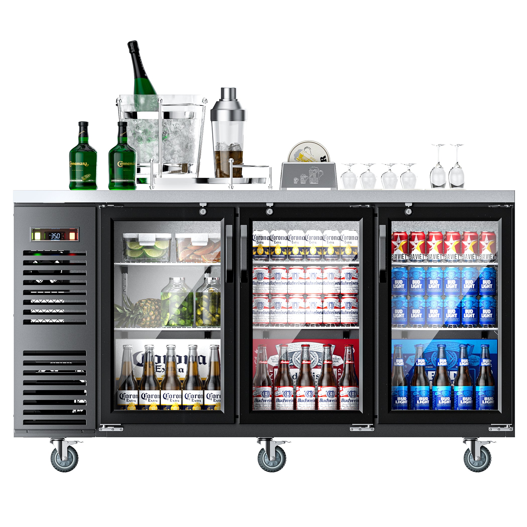Coolake MBB-72BHG 72" Black Counter Height Glass Door Back Bar Refrigerator with LED Lighting