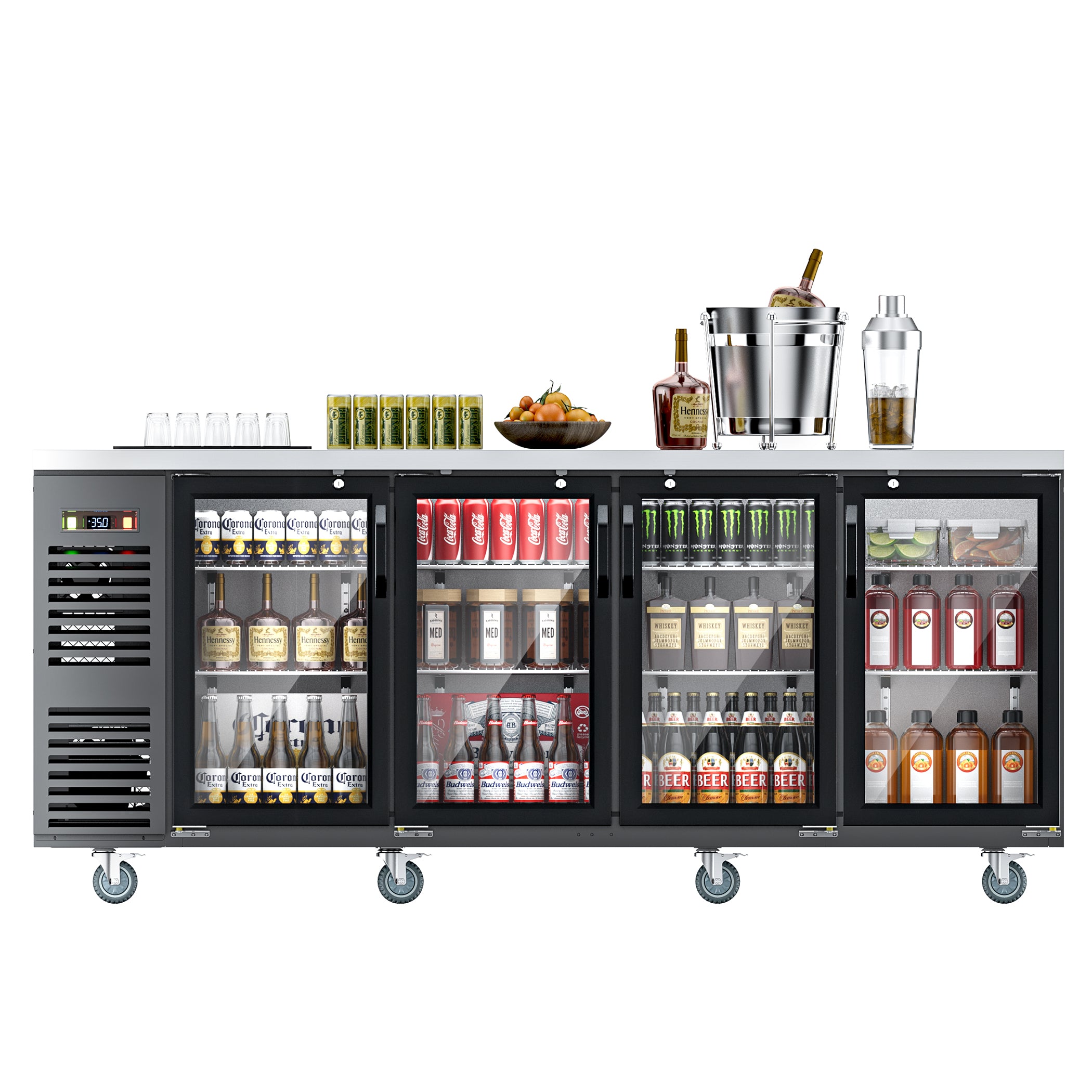 Coolake MBB-90BHG 90" Black Counter Height Glass Door Back Bar Refrigerator with Stainless Steel Top