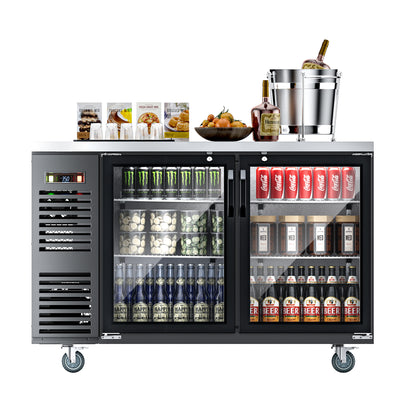 Coolake MBB-60BHG 60" Black Counter Height Glass Door Back Bar Refrigerator with Stainless Steel Top