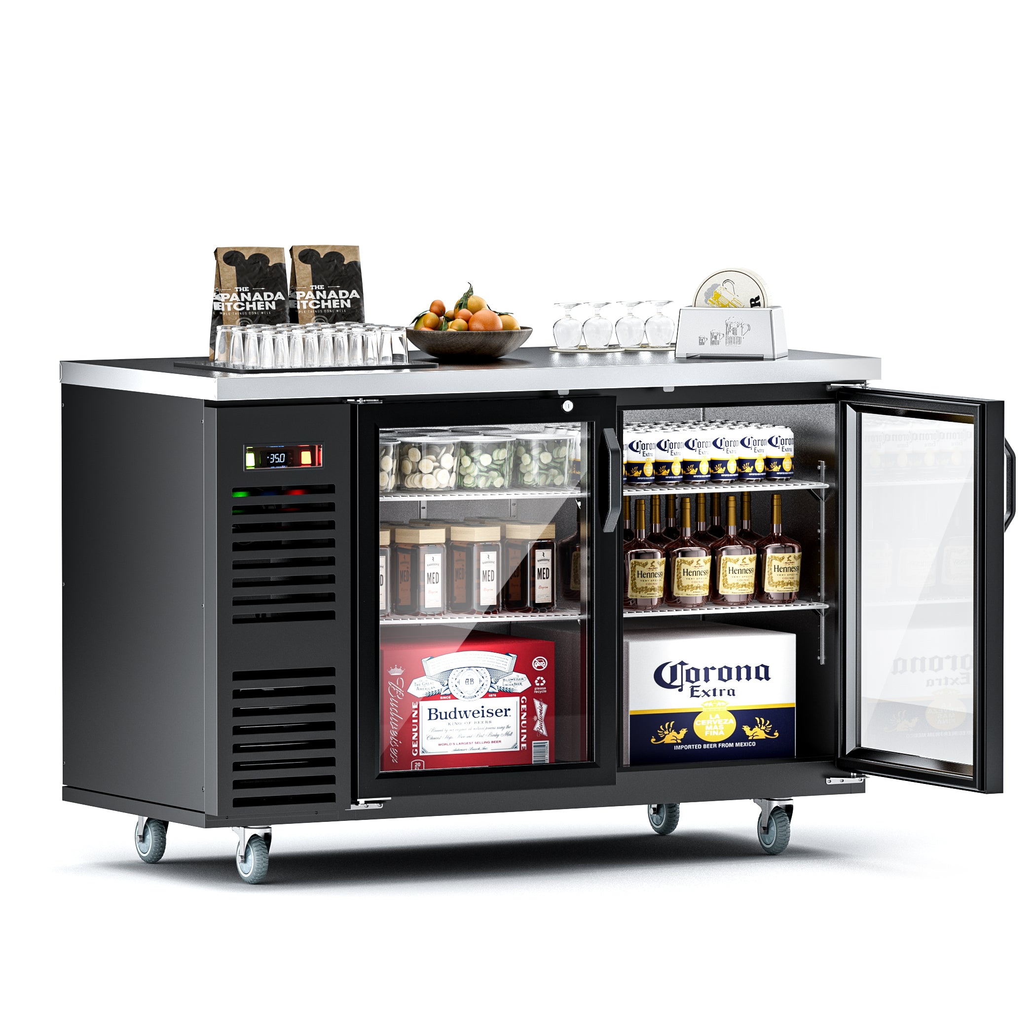 Coolake MSBB-60BHG 60" Black Counter Height Glass Door Back Bar Refrigerator with Stainless Steel Top