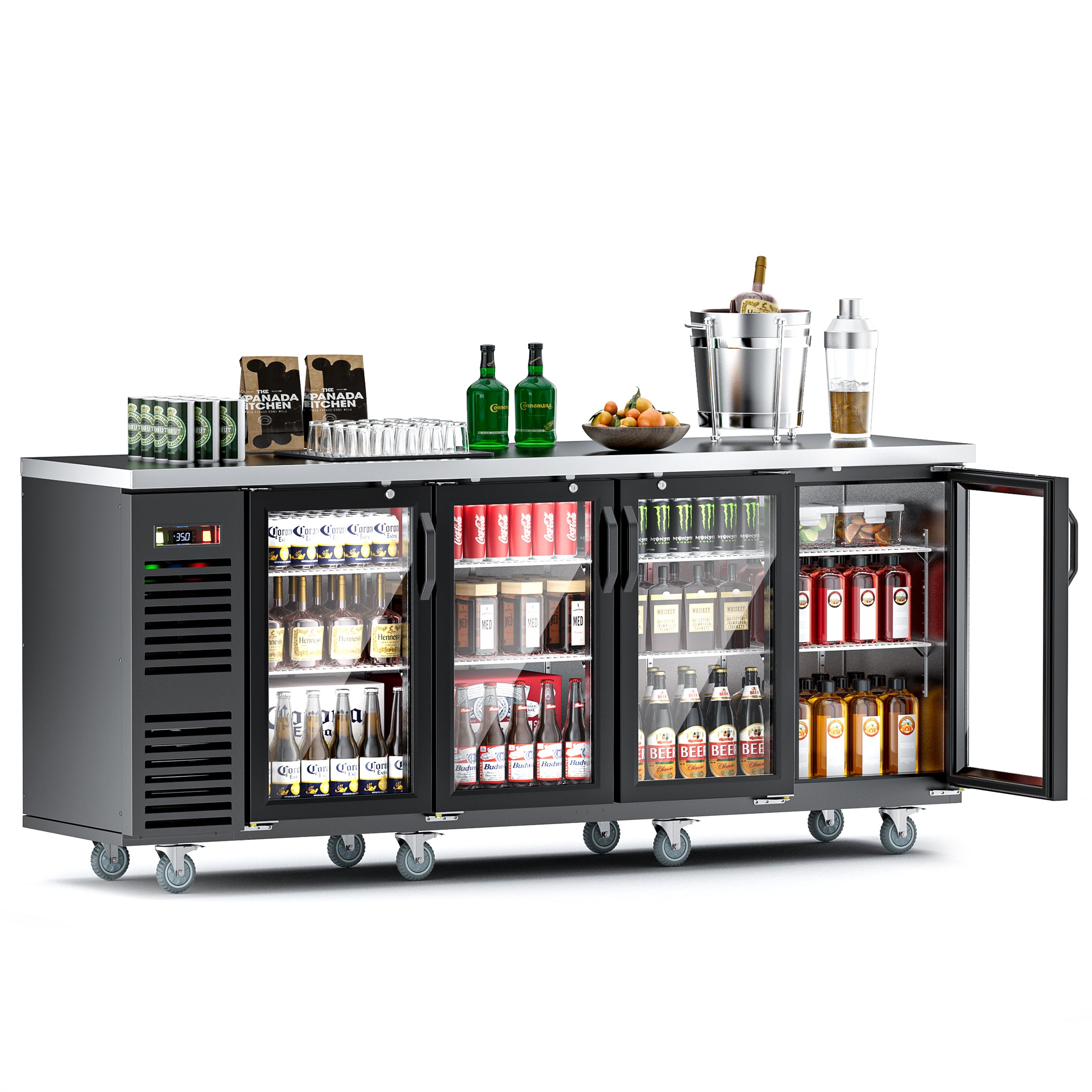 Coolake MSBB-90BHG 90" Black Counter Height Glass Door Back Bar Refrigerator with Stainless Steel Top