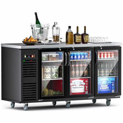 Coolake MSBB-72BHG 72" Black Counter Height Glass Door Back Bar Refrigerator with LED Lighting