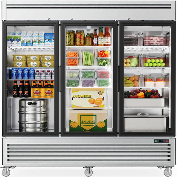 Coolake MR-83G 82" Commercial Refrigerator 3 Glass Doors, Stainless Steel Reach-in Upright Merchandiser Refrigerator-72 Cu.ft