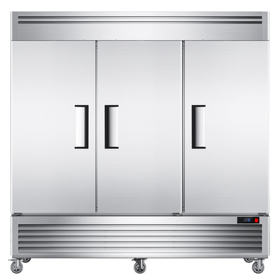 Coolake 82" Width Commercial Refrigerator 3 Solid Doors, 72 Cu.ft Stainless Steel Reach-in Upright Fridge