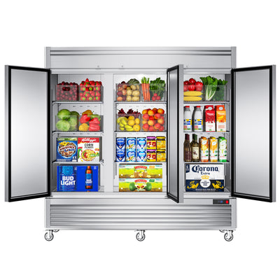Coolake 82" Width Commercial Refrigerator 3 Solid Doors, 72 Cu.ft Stainless Steel Reach-in Upright Fridge