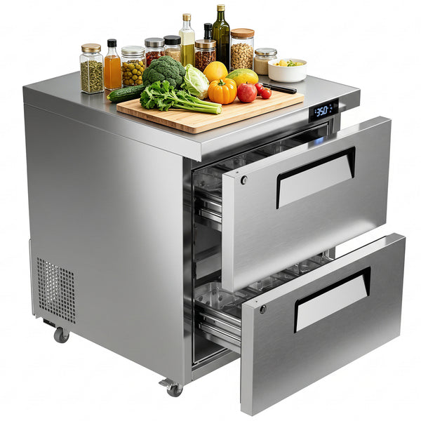 Coolake MTR-27D2 27" W Commercial Undercounter Worktop Refrigerator, 6.5 Cu Ft Stainless Steel Drawer Fridge, 33℉~41℉ Fan Cooling