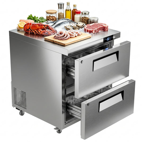 Coolake MTF-27D2 27" W Commercial Undercounter Worktop Freezer, 6.5 Cu Ft Stainless Steel Work Top Drawer Freezer, -8 to 0℉ Fan Cooling