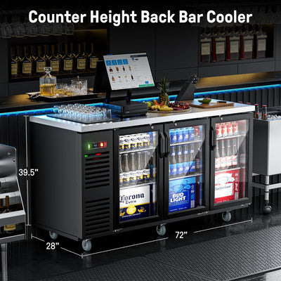 Coolake MBB-72BHG 72" Black Counter Height Glass Door Back Bar Refrigerator with LED Lighting