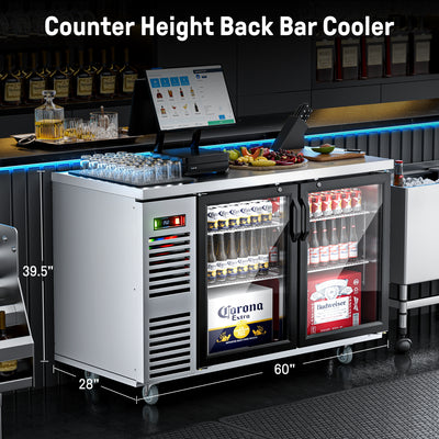 Coolake MBB-60SHG 60" Sliver Counter Height Glass Door Back Bar Refrigerator with LED Lighting