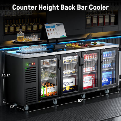 Coolake MBB-92BHG 92" Black Counter Height Glass Door Back Bar Refrigerator with Stainless Steel Top