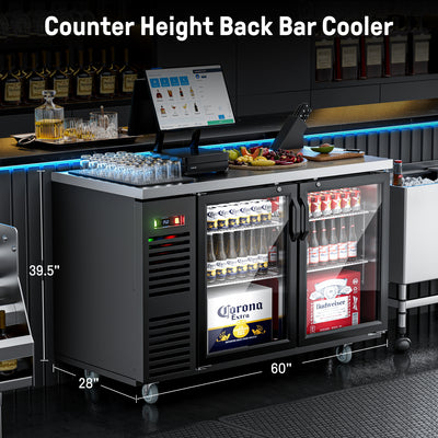 Coolake MBB-60BHG 60" Black Counter Height Glass Door Back Bar Refrigerator with Stainless Steel Top