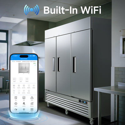 VEECOOL W-MF-83 82" WiFi Enabled Three Section Solid Door Stainless Steel Commercial Freezer-72 Cu.ft