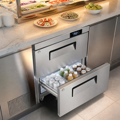 Coolake MTR-27D2 27" W Commercial Undercounter Worktop Refrigerator, 6.5 Cu Ft Stainless Steel Drawer Fridge, 33℉~41℉ Fan Cooling