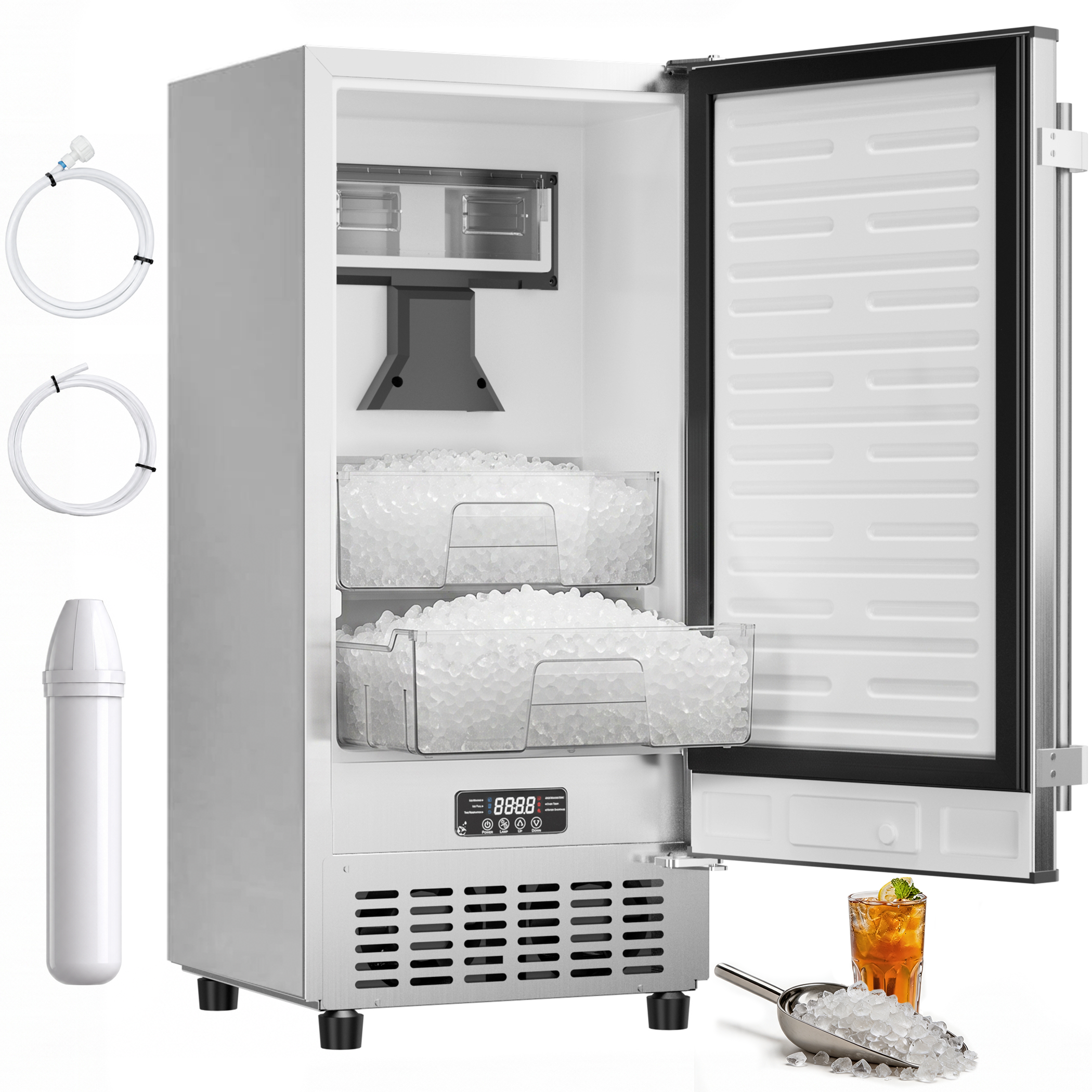 Coolake KIM55SS 15" Undercounter Nugget Ice Maker Machine, 100Lbs/Day Outdoor Pebble Ice Maker with Double Ice Baskets