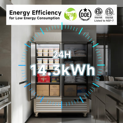 VEECOOL W-MF-49 54.4" WiFi Enabled Two Section Solid Door Stainless Steel Commercial Freezer-49 Cu.ft