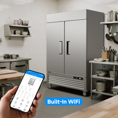 VEECOOL W-MR-49 54.4" WiFi Enabled Two Section Solid Door Stainless Steel Commercial Refrigerators-49 Cu.ft