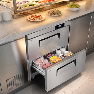 Coolake MTF-27D2 27" W Commercial Undercounter Worktop Freezer, 6.5 Cu Ft Stainless Steel Work Top Drawer Freezer, -8 to 0℉ Fan Cooling