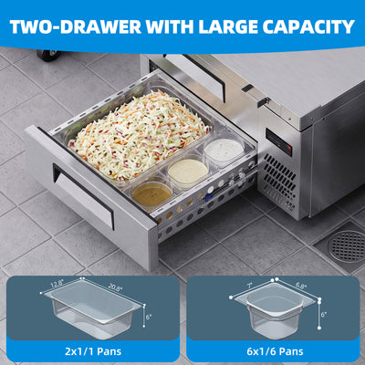 Coolake MAR36 36” W Commercial Refrigerator Chef Base 2 Drawers, Under Counter Refrigerator with Marine Edge