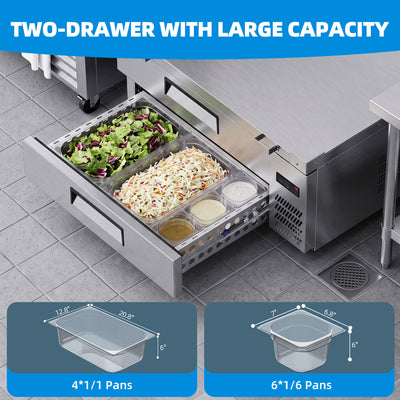 Coolake MAR48 48” W Commercial Refrigerator Chef Base 2 Drawers, Under Counter Refrigerator with Marine Edge