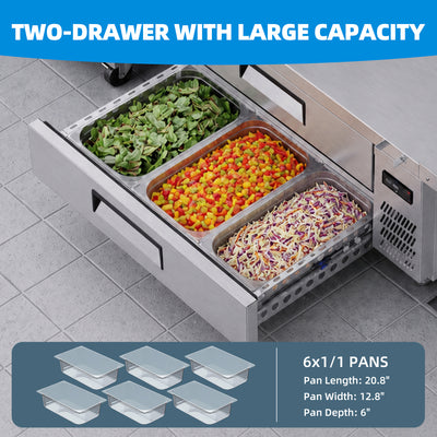 Coolake MAR60 60” W Commercial Refrigerator Chef Base 2 Drawers, Under Counter Refrigerator with Marine Edge
