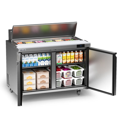 Coolake MSR48 Commercial Refrigerator Sandwich Salad Prep Table, 2 Door Sandwich Fridge with 12 GN 1/6 Pans, ETL DOE