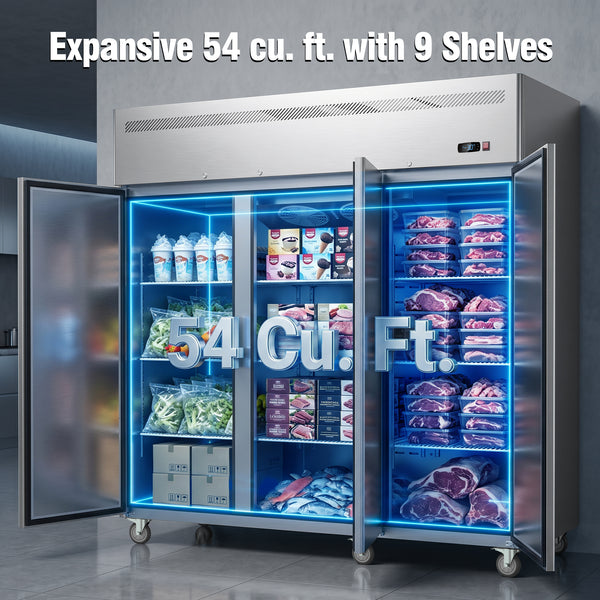 Coolake MK-72F 72" W 3 Solid Door Commercial Freezer with TOP Compressor-54 Cu.ft