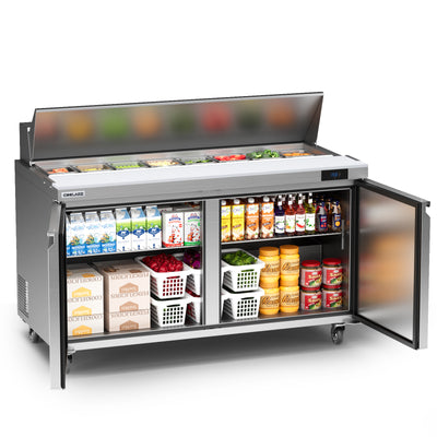 Coolake MSR60 Commercial Refrigerator Sandwich Salad Prep Table, 2 Door Sandwich Fridge with 16 GN 1/6 Pans, ETL DOE