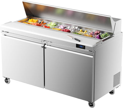 Coolake MSR60 Commercial Refrigerator Sandwich Salad Prep Table, 2 Door Sandwich Fridge with 16 GN 1/6 Pans, ETL DOE