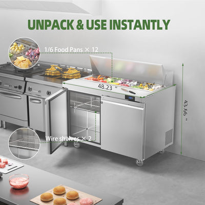 Coolake MSR48 Commercial Refrigerator Sandwich Salad Prep Table, 2 Door Sandwich Fridge with 12 GN 1/6 Pans, ETL DOE