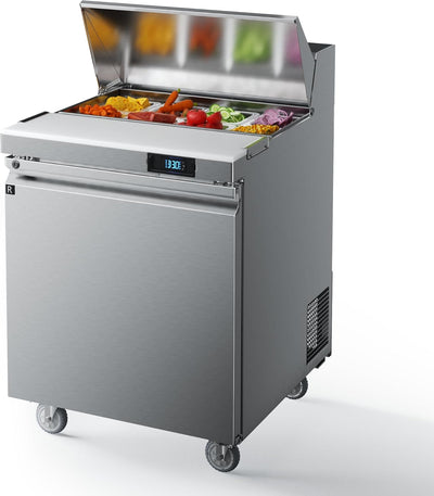 Coolake MSR27 Commercial Refrigerator Sandwich Salad Prep Table, 1 Door Sandwich Fridge with 8 GN 1/6 Pans, ETL DOE