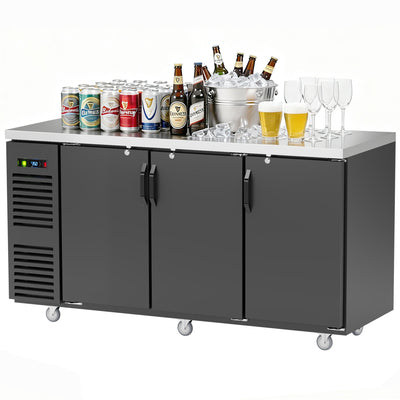 Coolake MSBB-72BH 72" Black Counter Height Solid Door Back Bar Refrigerator with Stainless Steel Top
