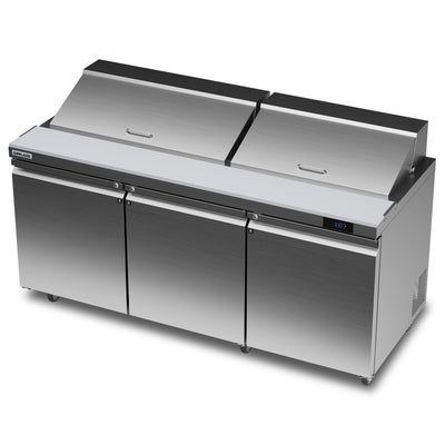 Coolake MSR72 Commercial Refrigerator Sandwich Salad Prep Table, 3 Door Sandwich Fridge with 18 GN 1/6 Pans, ETL DOE