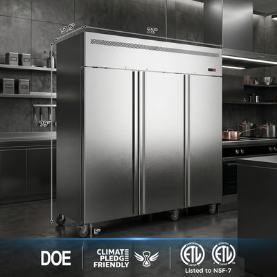 Coolake MK-72R 72" W 3 Solid Door Commercial Refrigerator with TOP Compressor-54 Cu.ft