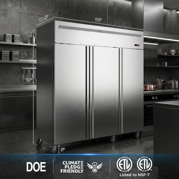 Coolake MK-72R 72" W 3 Solid Door Commercial Refrigerator with TOP Compressor-54 Cu.ft
