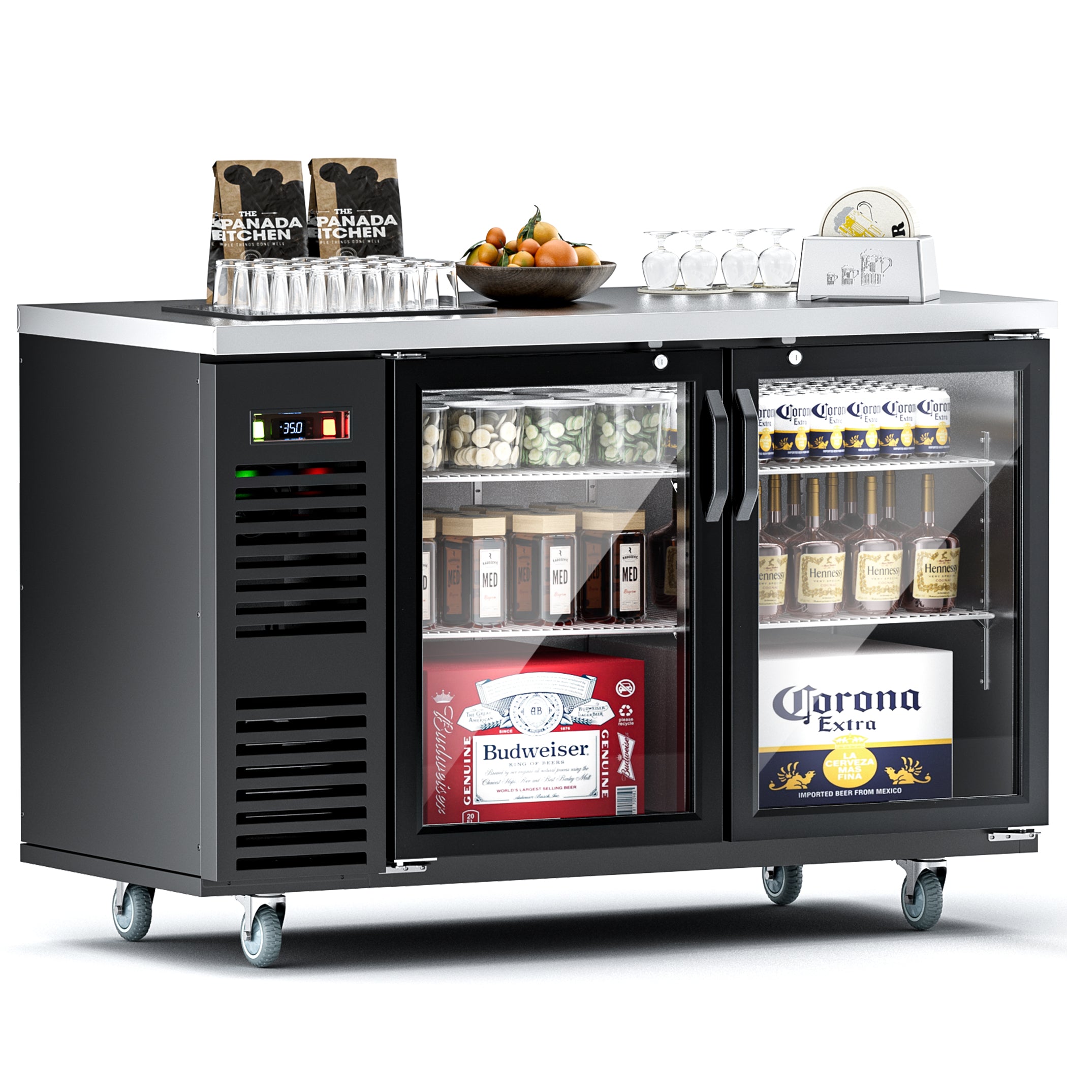 Coolake MSBB-60BHG 60" Black Counter Height Glass Door Back Bar Refrigerator with Stainless Steel Top