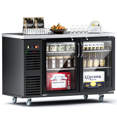 Coolake MSBB-60BHG 60" Black Counter Height Glass Door Back Bar Refrigerator with Stainless Steel Top