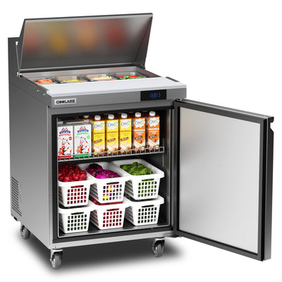 Coolake MSR27 Commercial Refrigerator Sandwich Salad Prep Table, 1 Door Sandwich Fridge with 8 GN 1/6 Pans, ETL DOE